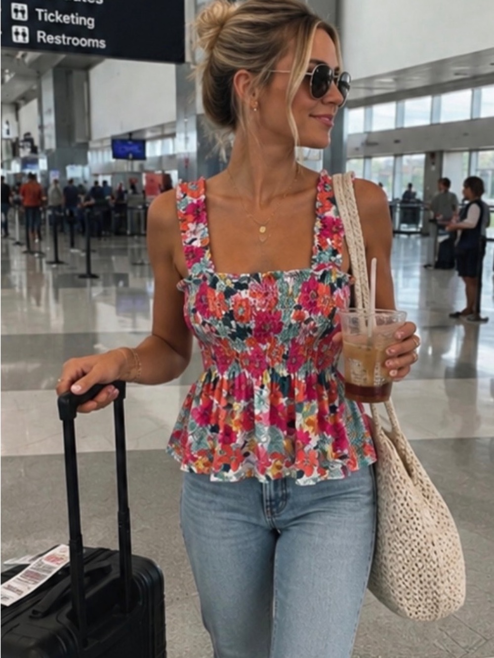 Boutique Floral Smocked Tank Top Ruffle Strap Multicolor Peplum Sleeveless L